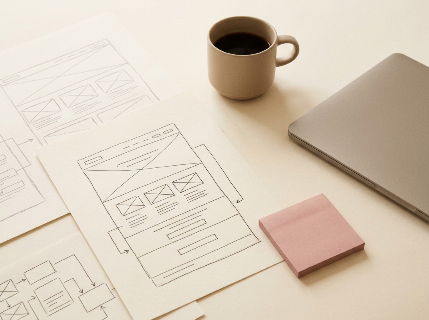 Maquettes et wireframes d'un projet digital sur mesure dessinés à la main